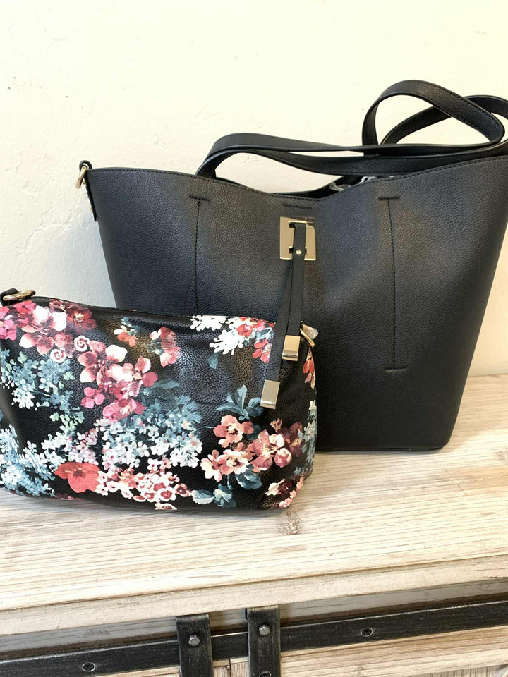"Sandra" Solid Black Handbag with additional Floral Clutch