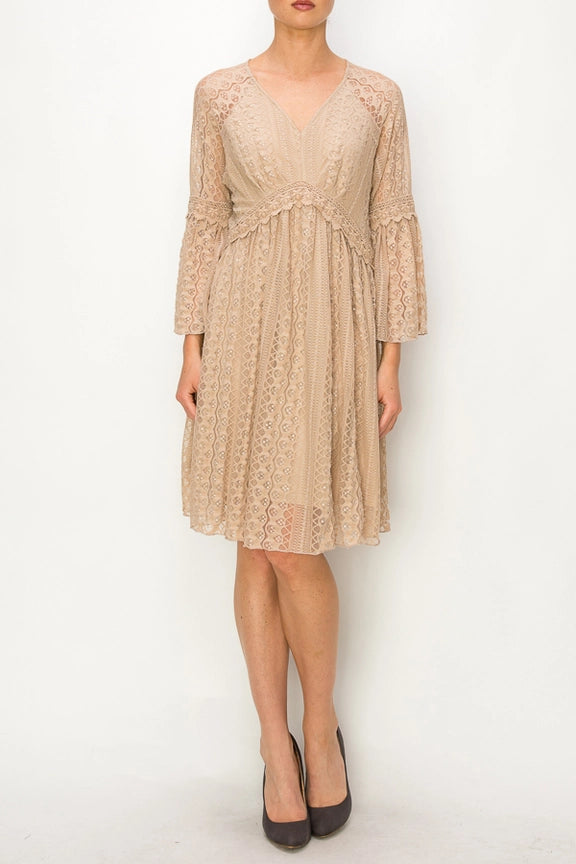"Country In The Park" Long Sleeve V Neck Lace Dress (Taupe)