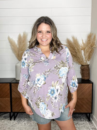 Dear Scarlett "Lifespan" Floral Split Neck Lizzy 3/4 Sleeve Split Neck (Lavender)