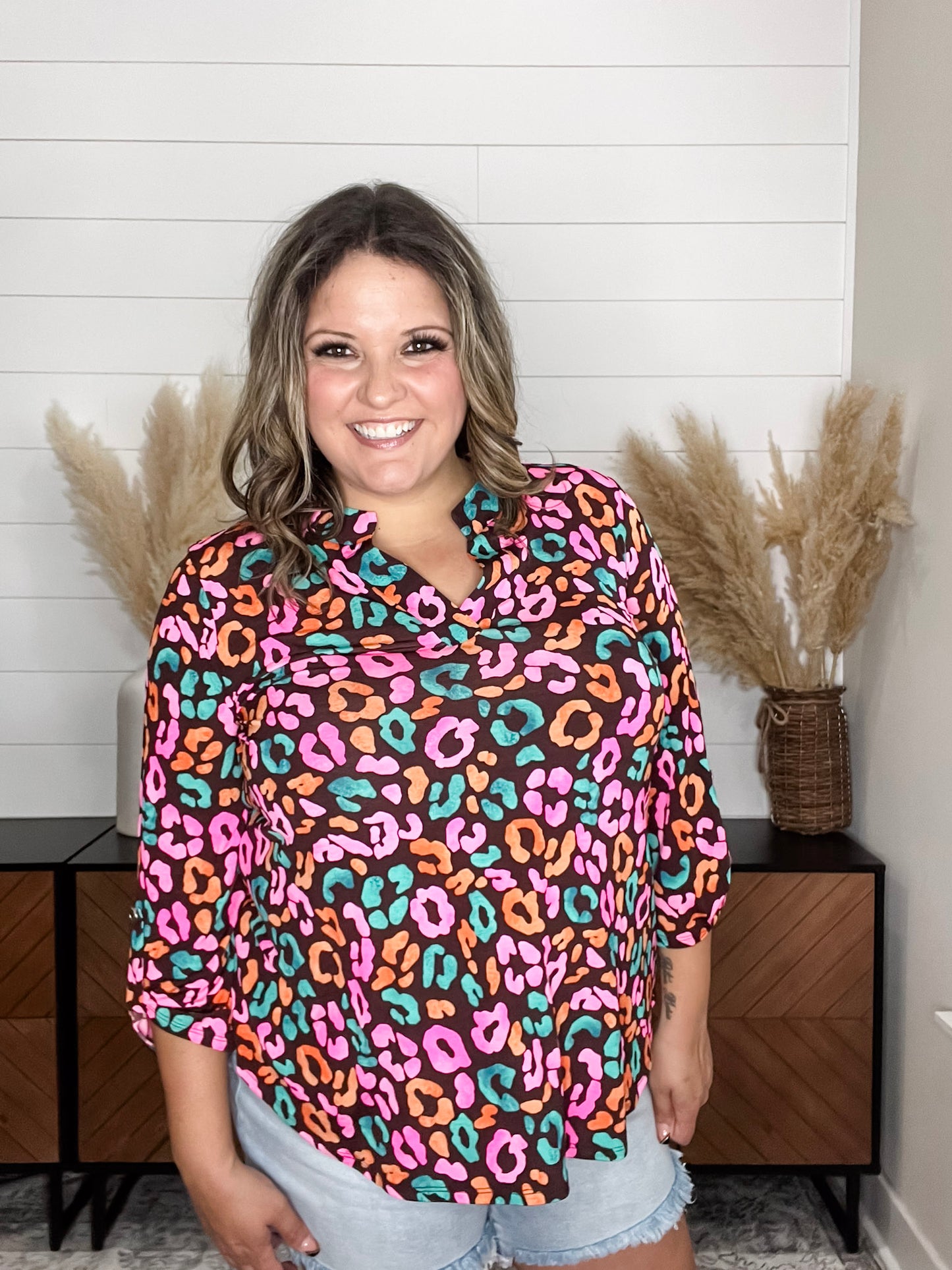 "Hastings" Animal Print Lizzy 3/4 Sleeve Split Neck