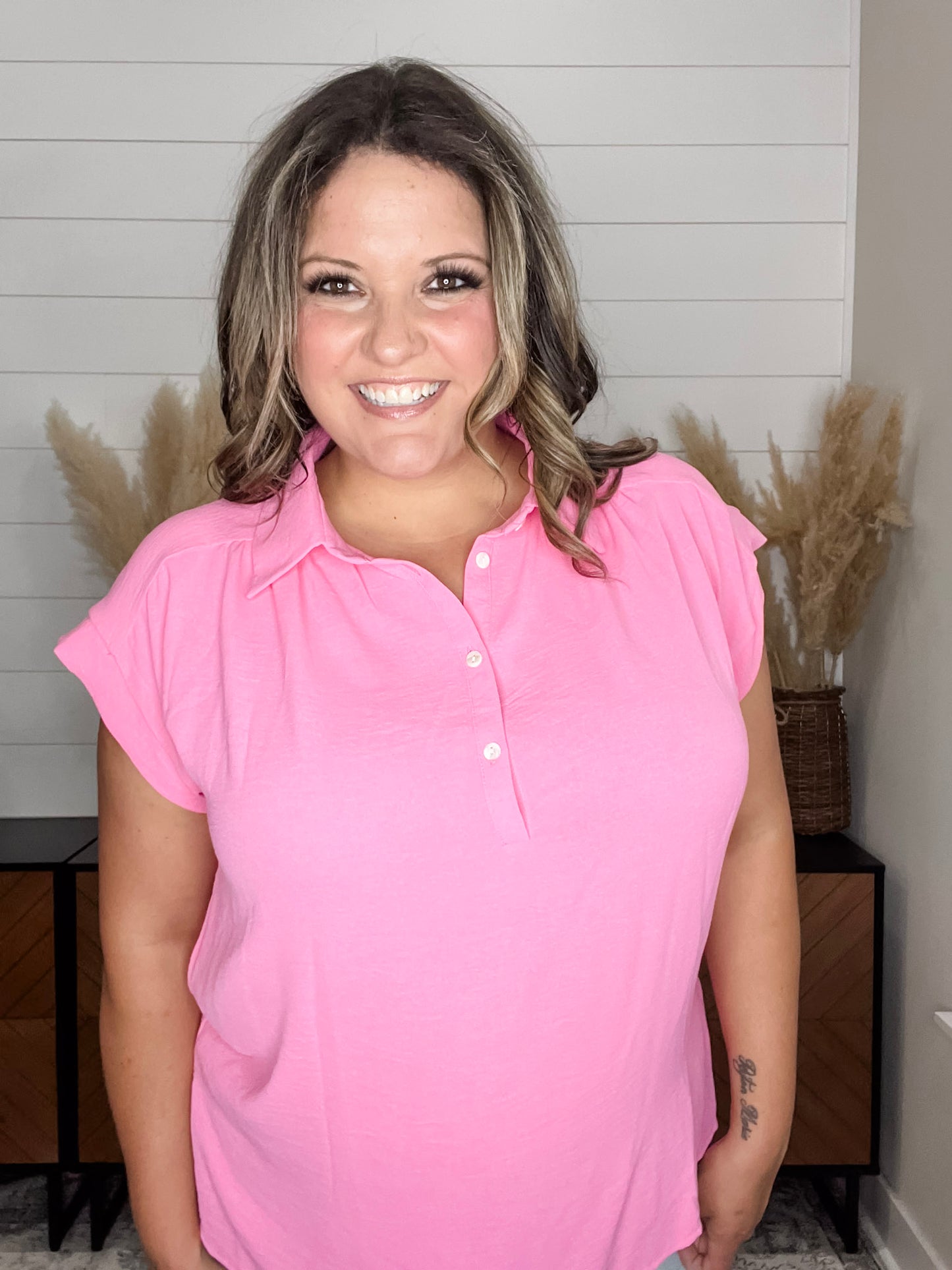 "Bailee" Collared Cap Sleeve Blouse with Front Buttons (Pink Cosmos)