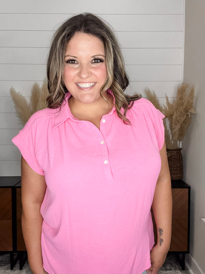 "Bailee" Collared Cap Sleeve Blouse with Front Buttons (Pink Cosmos)