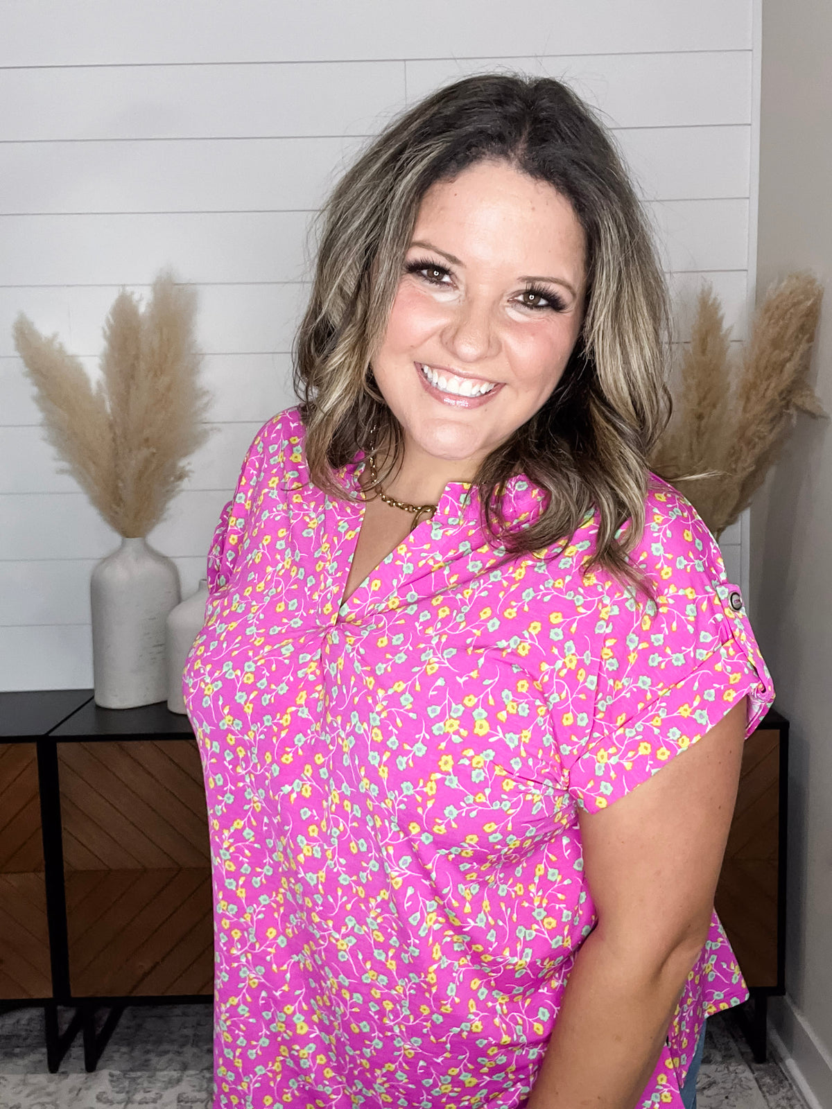Dear Scarlett "Shameless" Split Neck Cuffed Short Sleeve