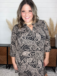 Dear Scarlett "Lithium" 3/4 Sleeve Split Neck Dress with Pockets