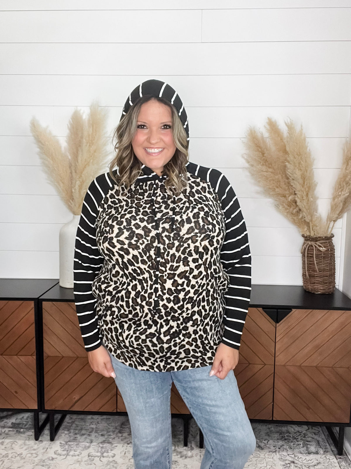 "Caged" Animal Print with Stripe Accent Hoodie