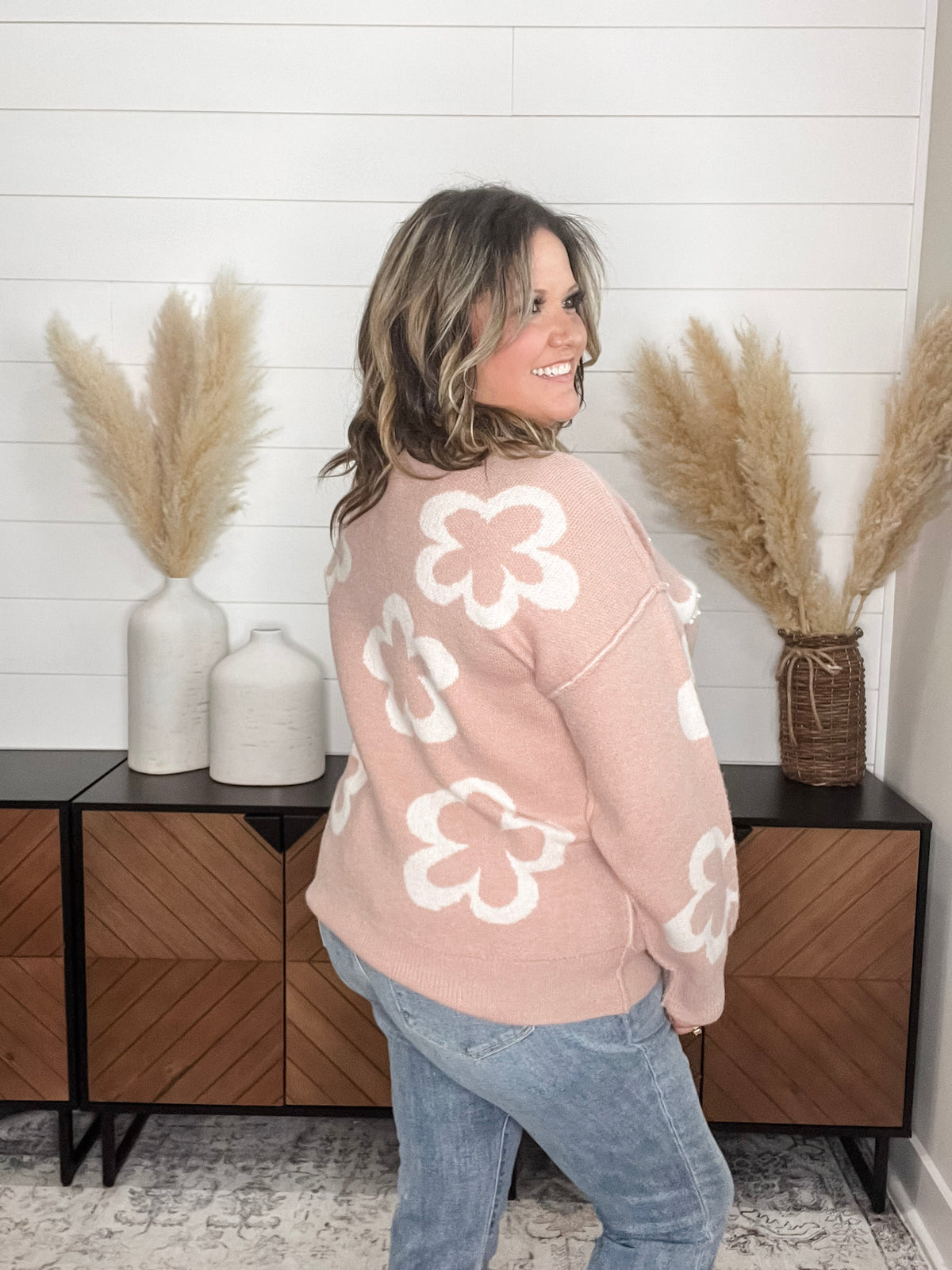 "Cartwright" Floral Print Pearl Embellished Sweater