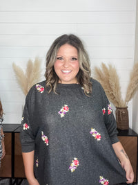 Dear Scarlett "Deceptive" Floral Embroidered Short Sleeve Dolman with Cuff and Collar (Black)