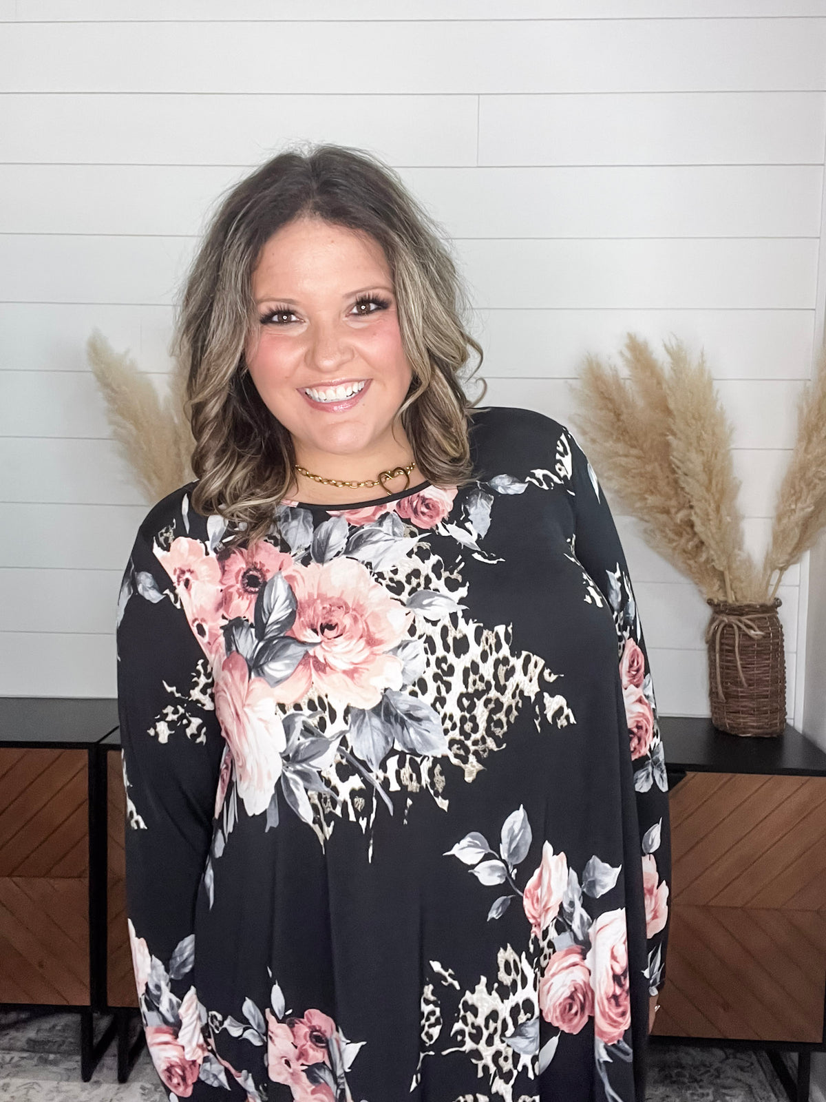 "Double Down" Floral and Animal Print Shark Bite Tunic with Pockets