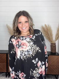 "Double Down" Floral and Animal Print Shark Bite Tunic with Pockets