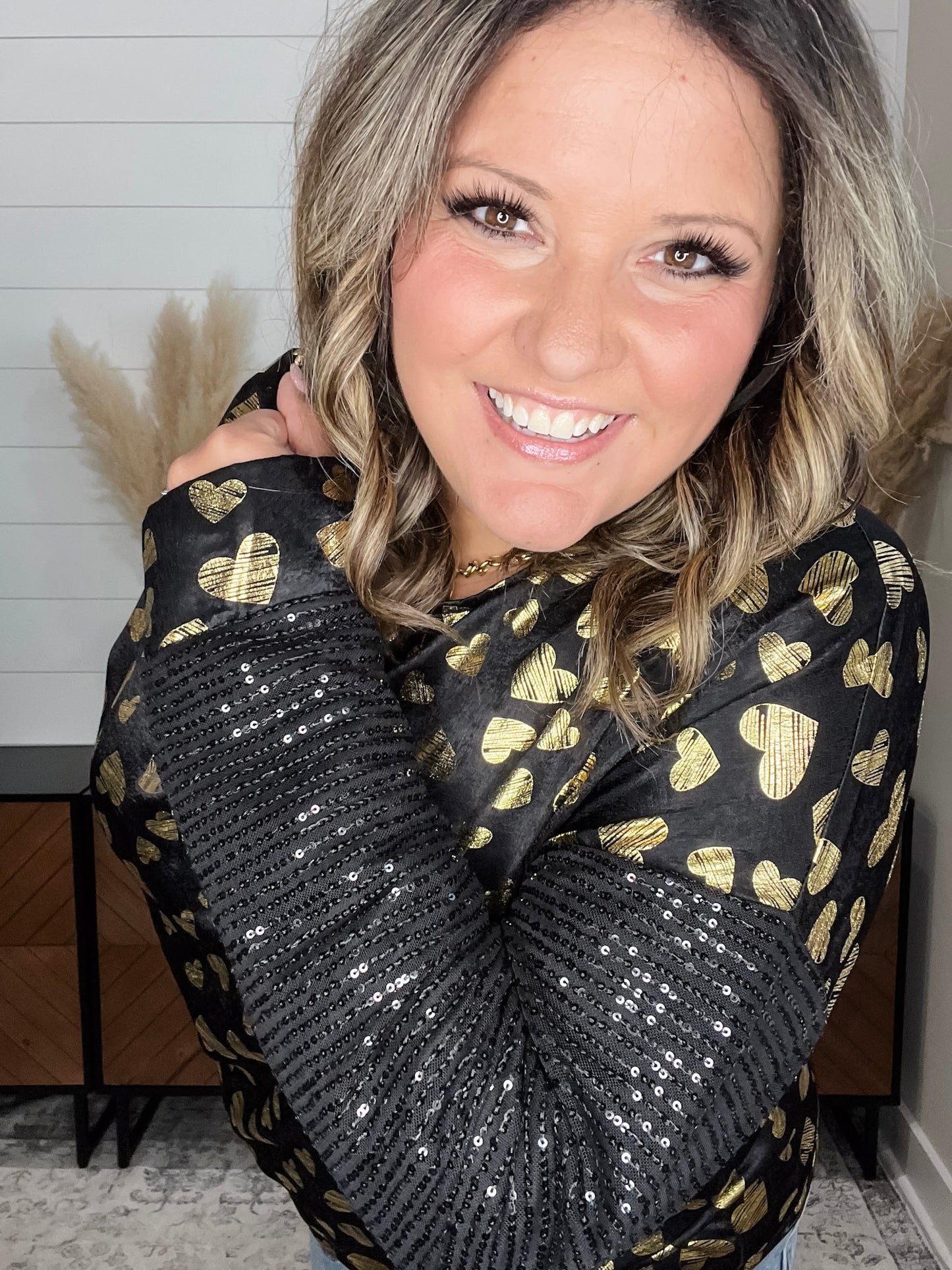"Golden" Long Sequin Sleeved Top with Foil Hearts
