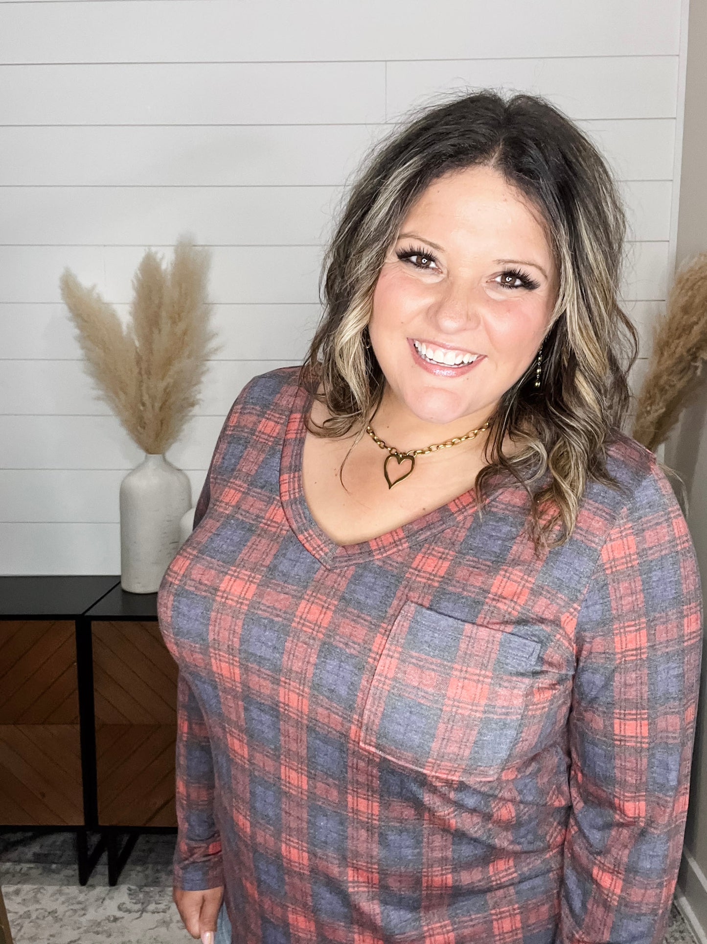 "In To It" Long Sleeve Plaid V Neck with Chest Pocket