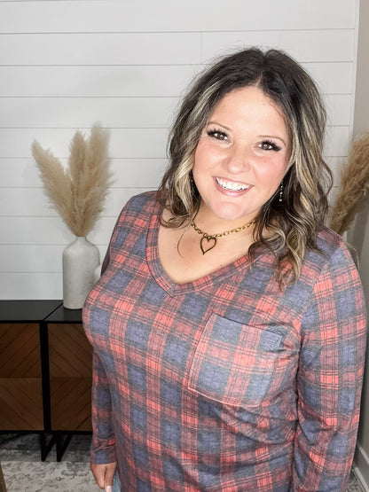 "In To It" Long Sleeve Plaid V Neck with Chest Pocket
