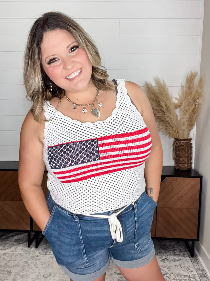 "Banner" Cropped Crochet Flag Tank (White)