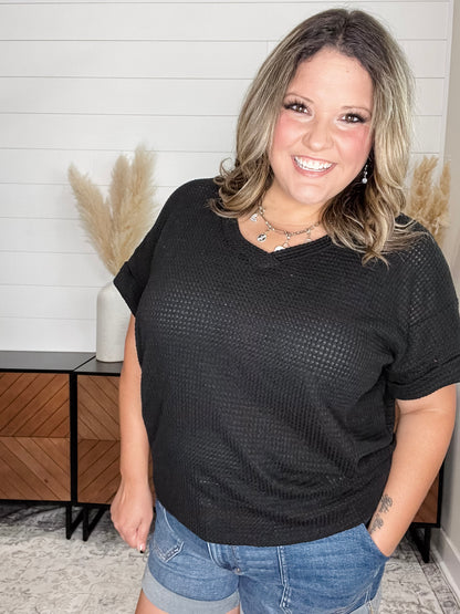 "Honeycomb" Cuffed Short Sleeve Waffle Texture Top (Black)