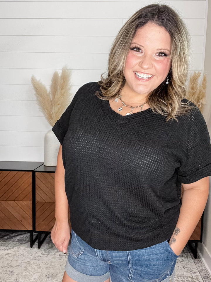 "Honeycomb" Cuffed Short Sleeve Waffle Texture Top (Black)