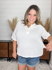 "Honey Bee" Short Sleeve Faux Button Detail Waffle Texture Tops (Ivory)