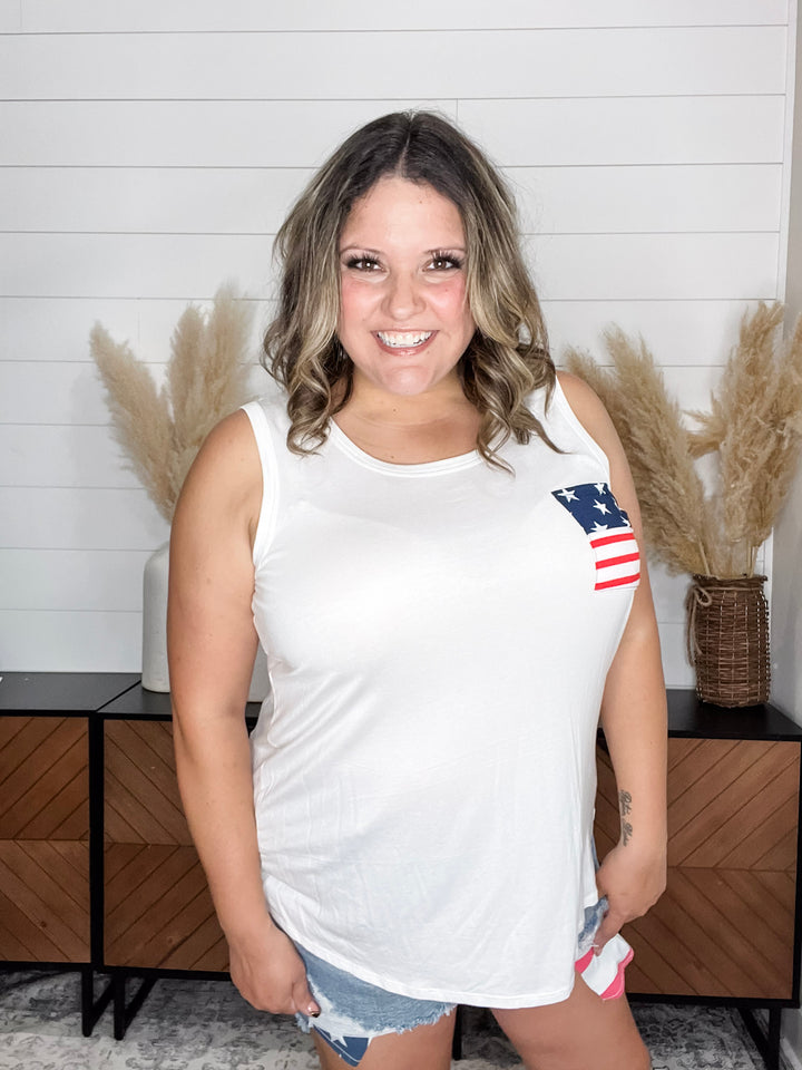 "Ole Glory" Flag Pocket Detail Tank (White)
