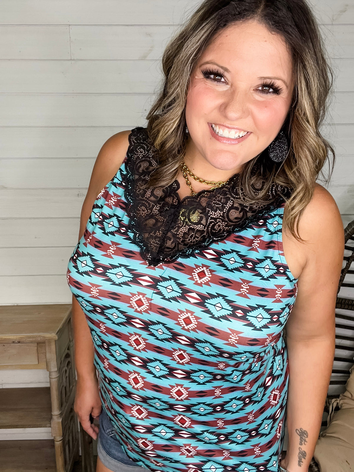"Turner" Aztec Print Lace Detail Tank