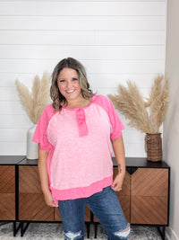 "Dunnigan" Oversized Short Sleeve with Button Front Detail (Pink)