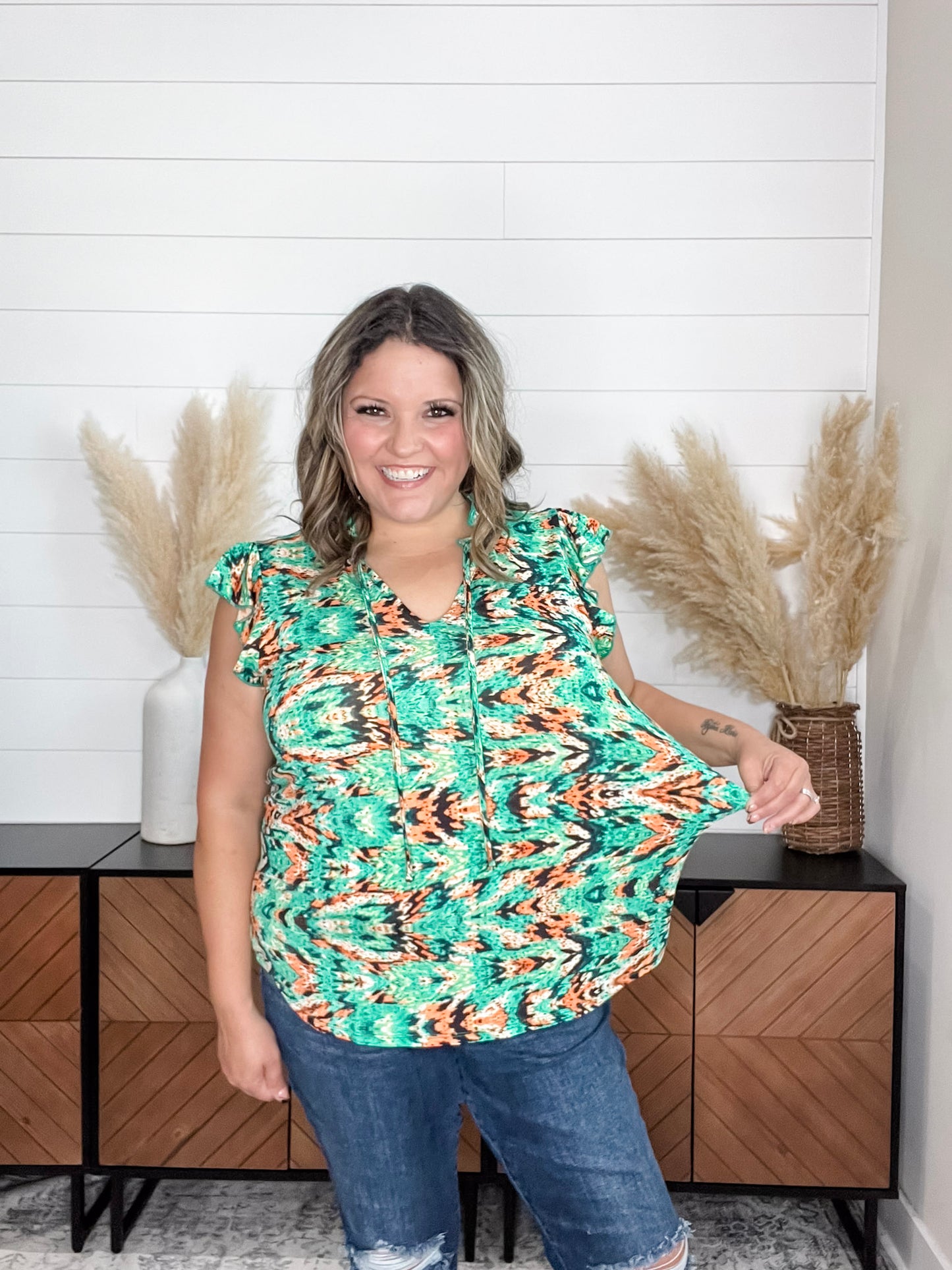 "Gator" Ruffle Cap Sleeve and Collar with Tie Detail