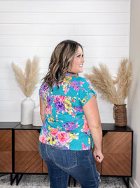 Dear Scarlett "Dexter" Floral Split Neck Cuffed Short Sleeve