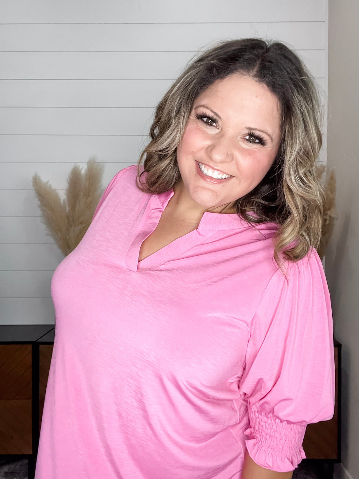Dear Scarlett "Shocking" 3/4 Smocked Sleeve Split Neck (Pink)