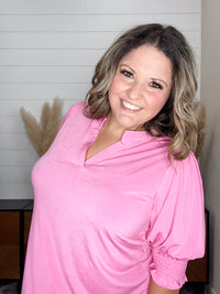 Dear Scarlett "Shocking" 3/4 Smocked Sleeve Split Neck (Pink)