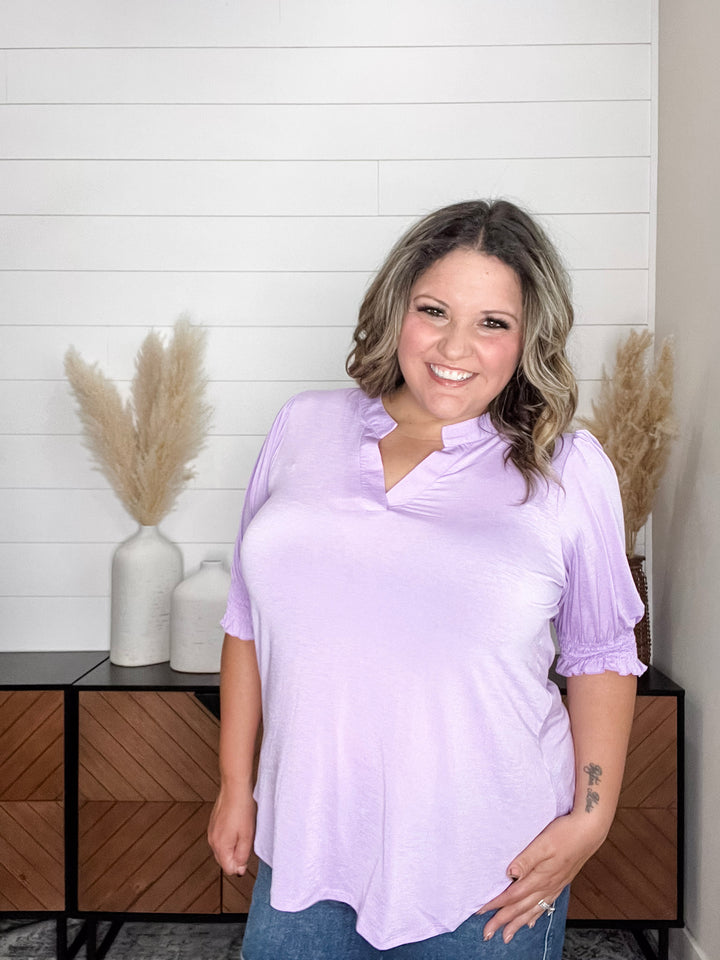 "Shocking" 3/4 Smocked Sleeve Split Neck (Lilac)