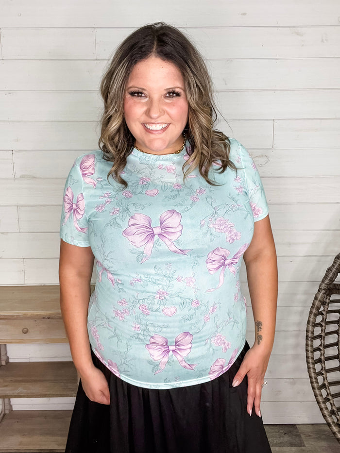 Shirley and Stone "Lavender Bows" Short Sleeve Mesh Top