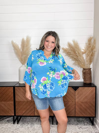 Dear Scarlett "Deep Dive" Floral Lizzy 3/4 Sleeve Split Neck Tops