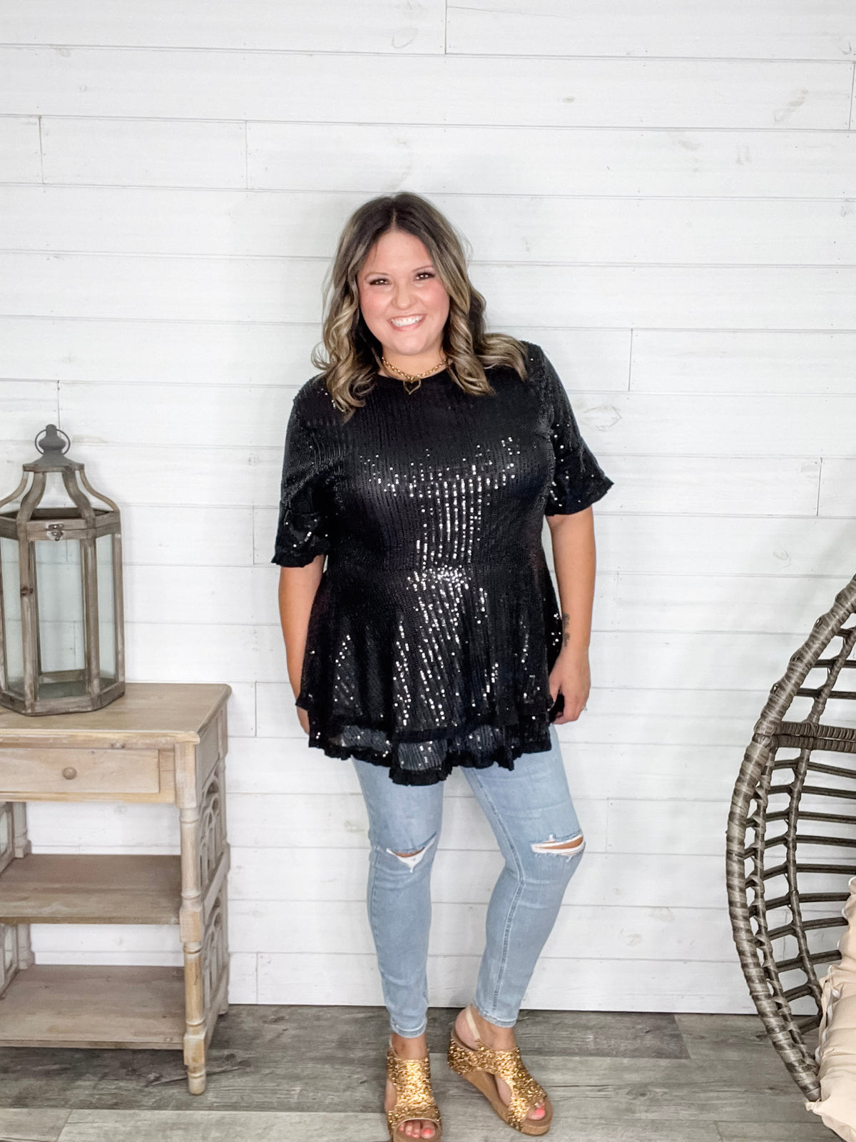 "Caught A Glimpse" Sequined Ruffle Hem and Sleeve (Black)