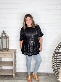 "Caught A Glimpse" Sequined Ruffle Hem and Sleeve (Black)