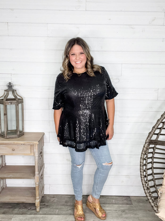"Caught A Glimpse" Sequined Ruffle Hem and Sleeve (Black)