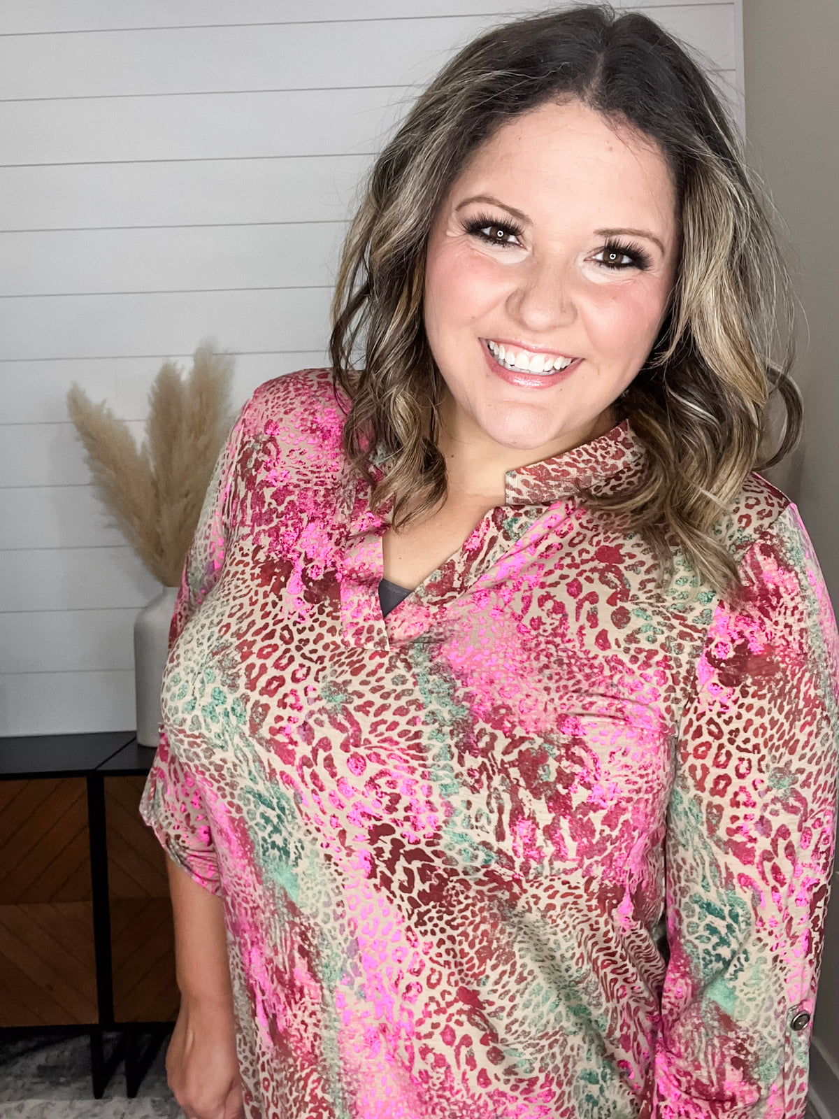 Dear Scarlett "East" Animal Print Lizzy 3/4 Sleeve Split Neck