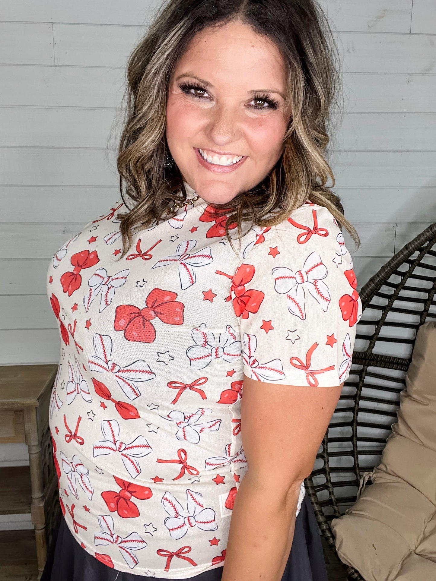 Shirley & Stone "Baseball & Bows" Short Sleeve Mesh Top