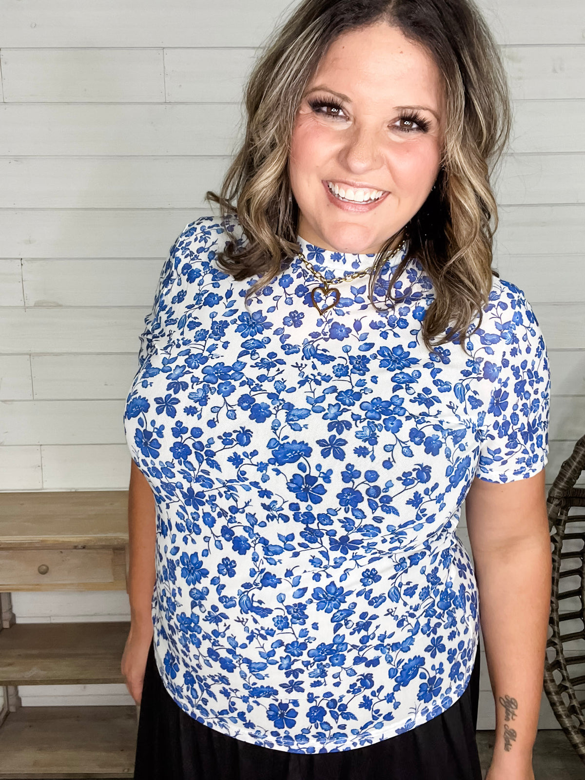 Shirley and Stone "Blue Floral" Short Sleeve Mesh Top