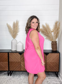 Dear Scarlett "Up My Alley" Sleeveless Split Neck Dress with Pockets (Hot Pink)