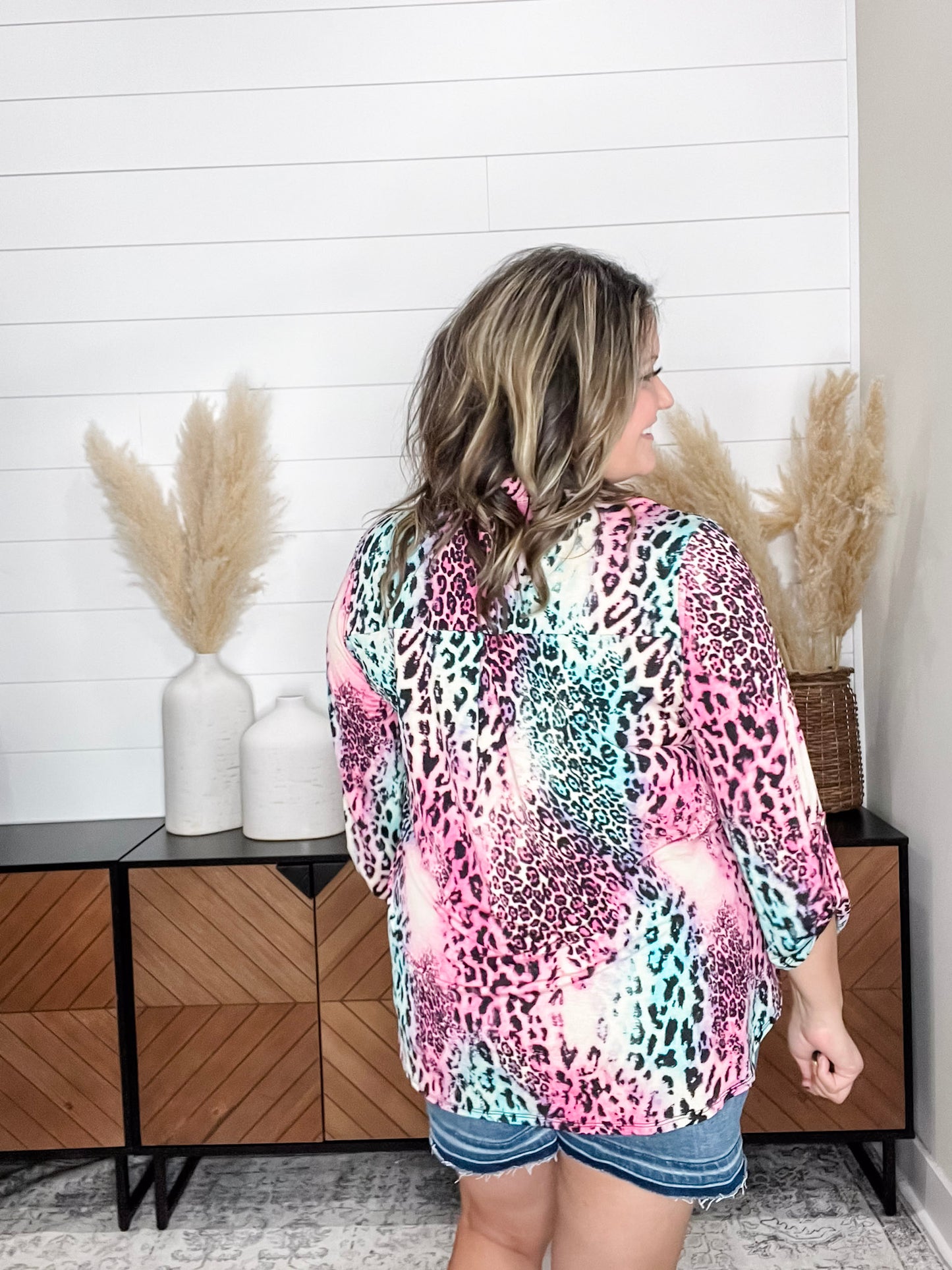 "Zoolander" Animal Print 3/4 Sleeve Split Neck