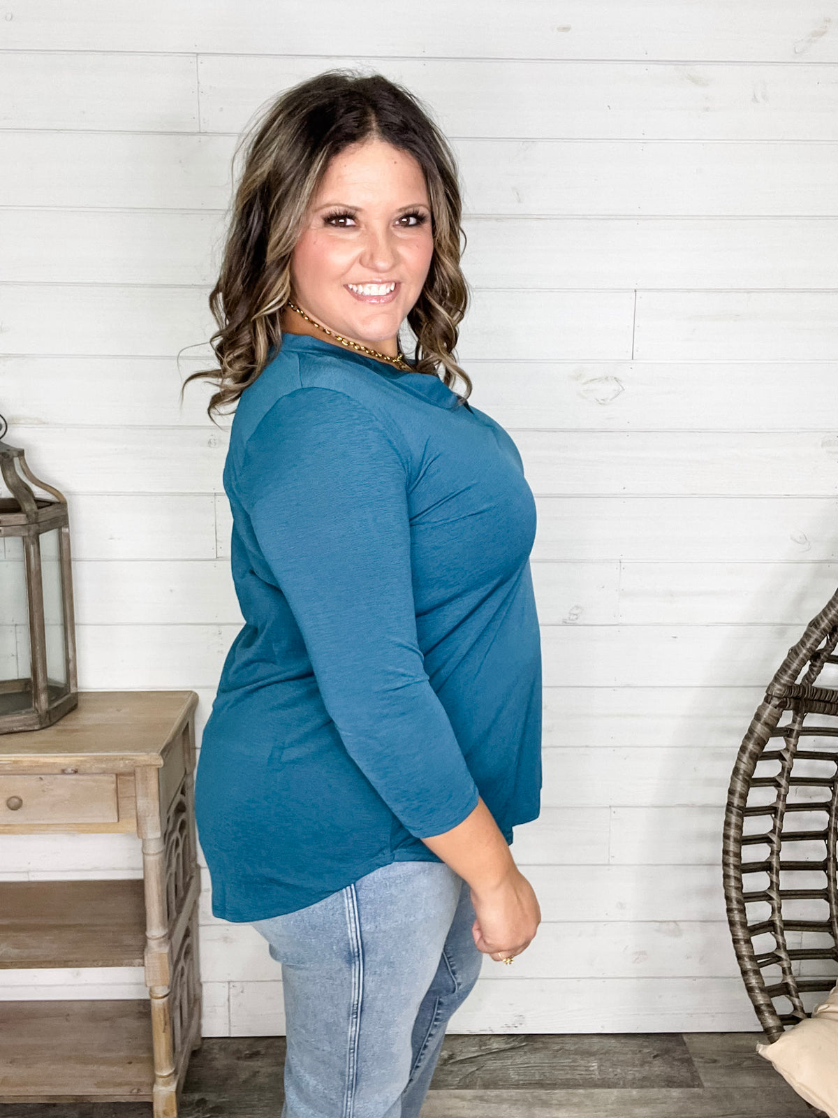 "Oh We Did" 3/4 Sleeve Split Neck (Teal)