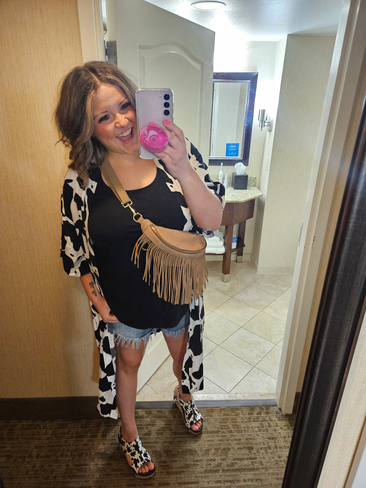 Cow Print Short Sleeve Duster Cover Up (One Size)