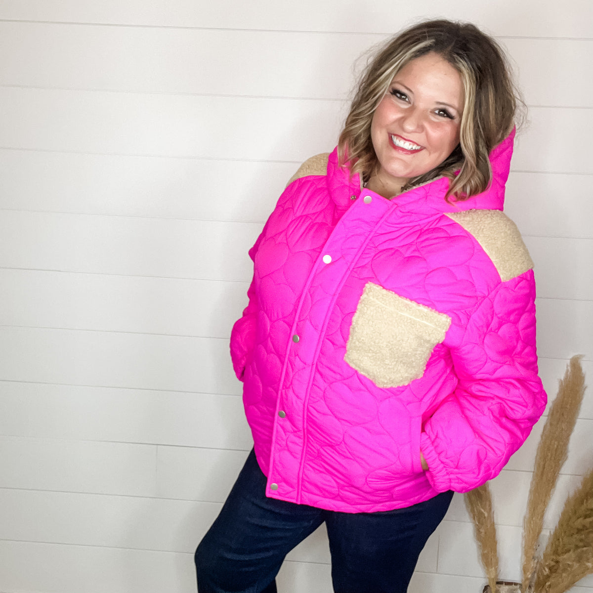 "I Heart You" Heart Quilted Jacket with Sherpa Details