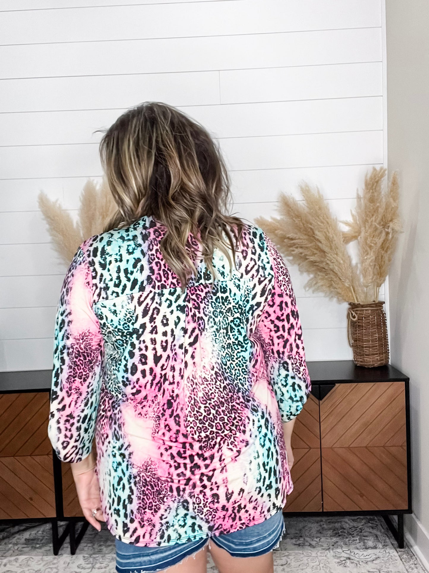"Zoolander" Animal Print 3/4 Sleeve Split Neck
