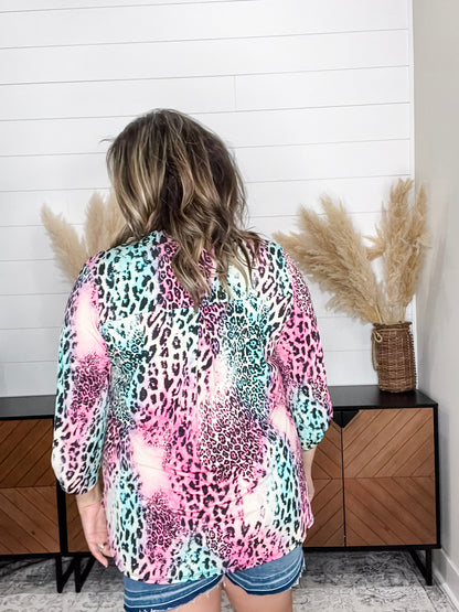 "Zoolander" Animal Print 3/4 Sleeve Split Neck