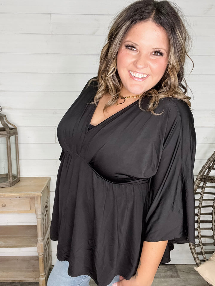 "Undertaking" 3/4 Sleeve V Neck with Elastic Empire Waist (Black)