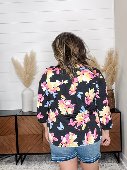 "Sagittarius" Floral Split Neck Lizzy 3/4 Sleeve Split Neck