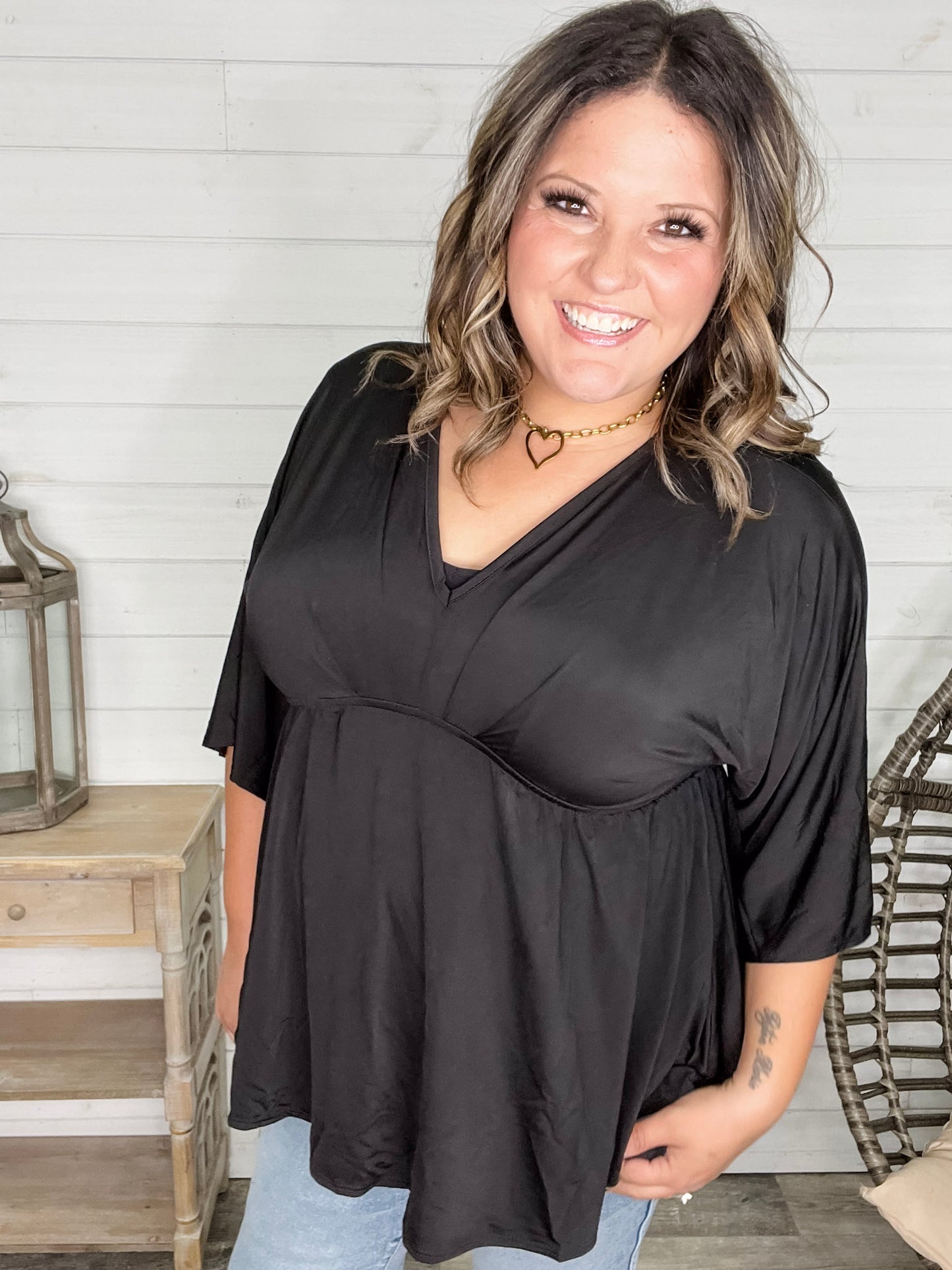 "Undertaking" 3/4 Sleeve V Neck with Elastic Empire Waist (Black)
