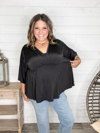 "Undertaking" 3/4 Sleeve V Neck with Elastic Empire Waist (Black)