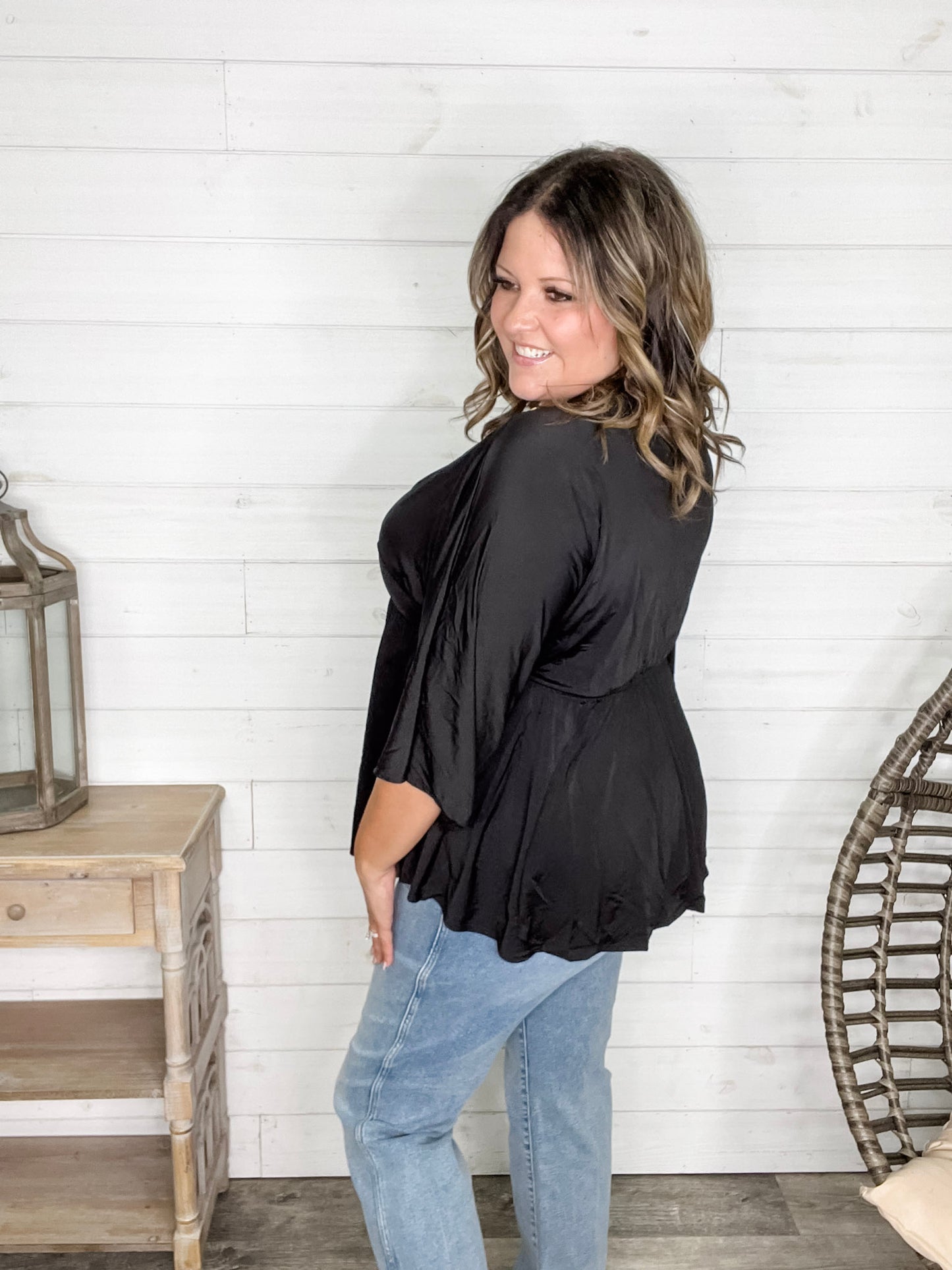 "Undertaking" 3/4 Sleeve V Neck with Elastic Empire Waist (Black)
