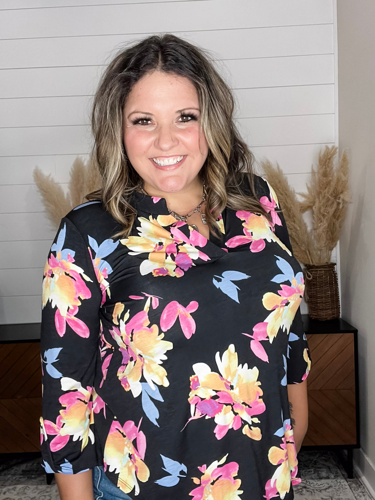 Dear Scarlett "Sagittarius" Floral Split Neck Lizzy 3/4 Sleeve Split Neck