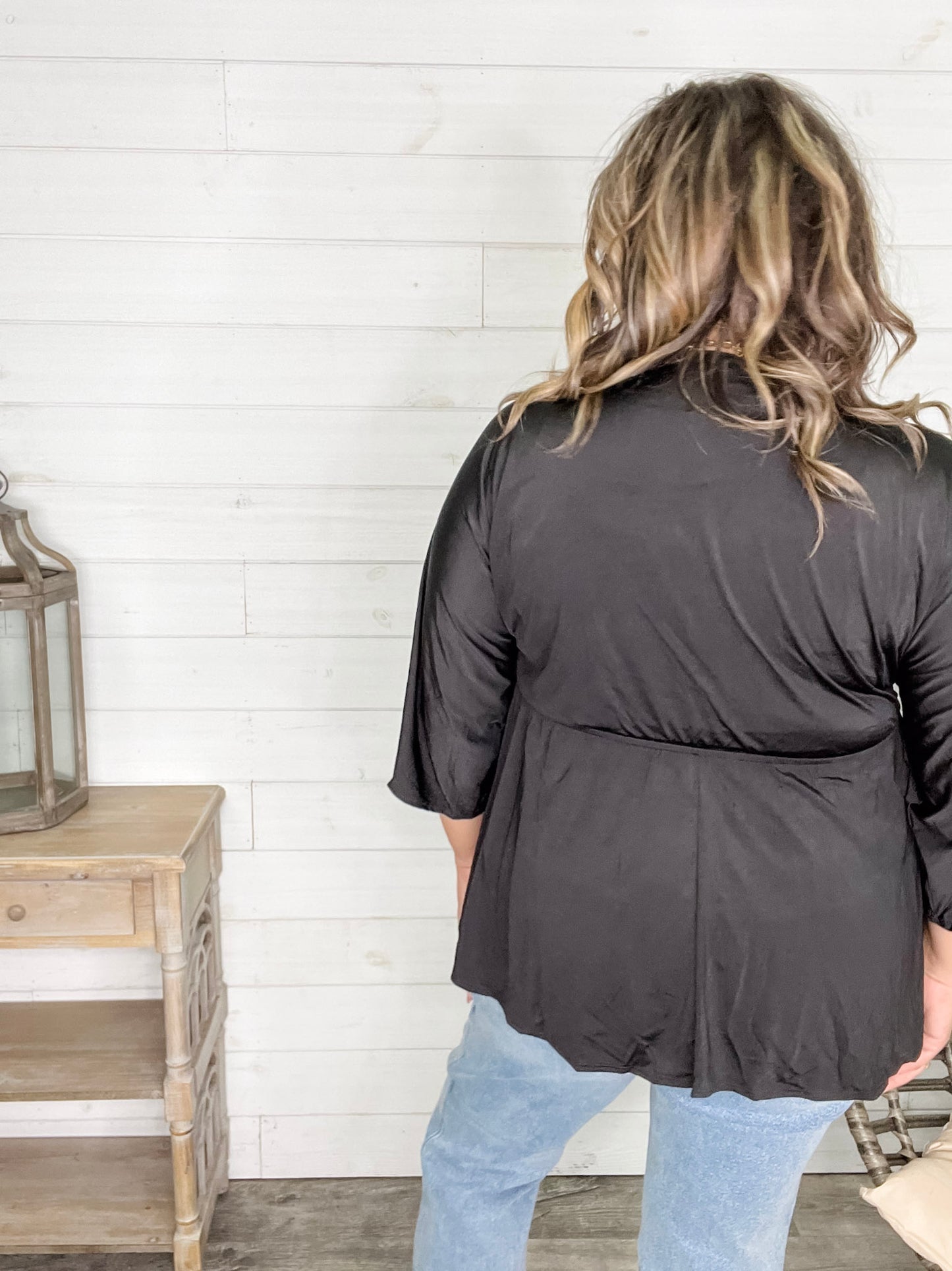 "Undertaking" 3/4 Sleeve V Neck with Elastic Empire Waist (Black)